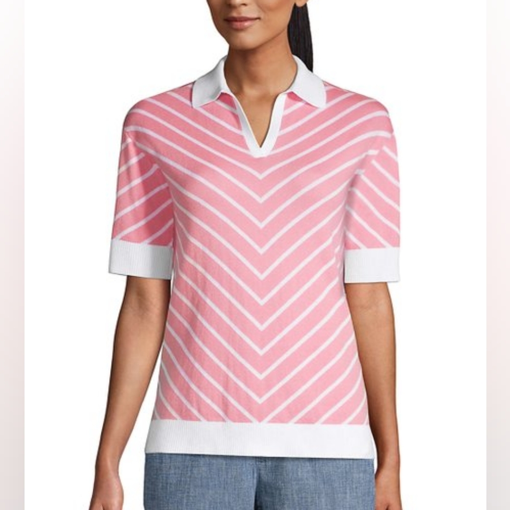 NWOT. Sz Small Lands' End 100% cotton Salt-Washed Pink Chevron Polo